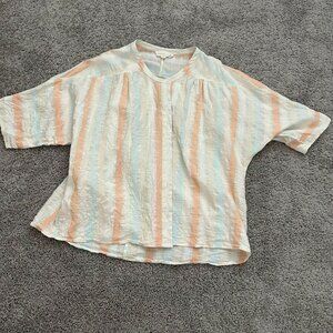 Lovestitch Women's Cotton Short Sleeve Striped Button Down Blouse M/L